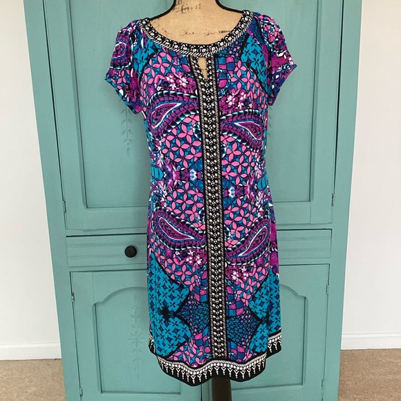 ECI New York Beaded detailed Dress. Purple/Blue/Black Print. Size 12 - Picture 1 of 11